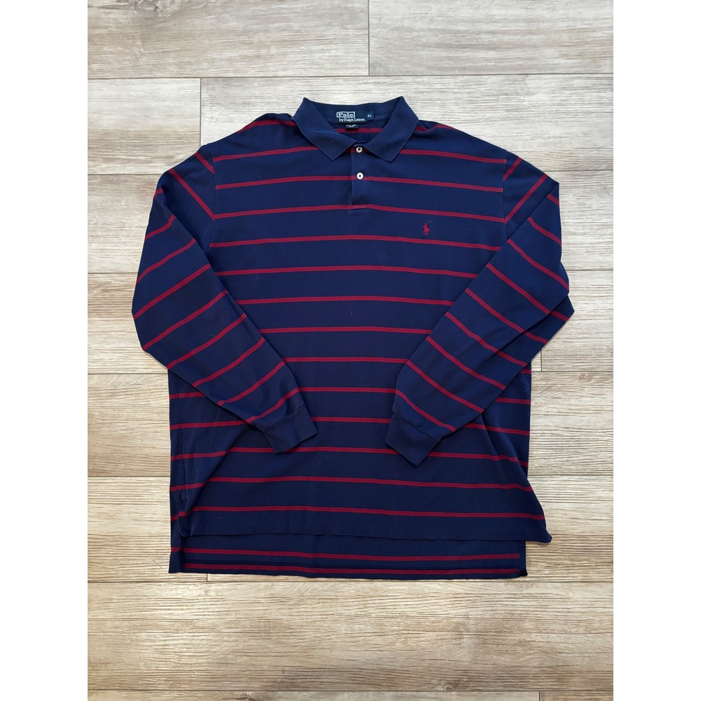 Polo Ralph Lauren Mens XL Long Sleeve Pima Cotton Striped Polo‎ Shirt Navy Red